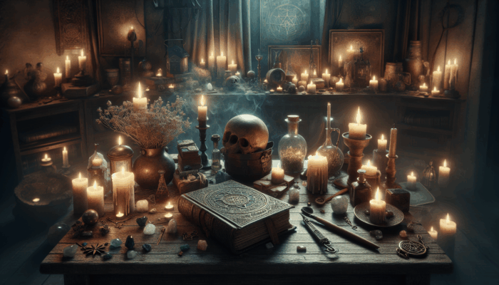 A mystical book of shadows on a table with candles, herbs, crystals, and glowing ancient symbols.