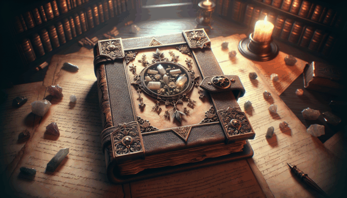 A mystical Book of Shadows with ornate leather cover, containing pressed herbs and crystals, in an ancient library.