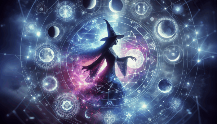 A witch casting spells under various moon phases, surrounded by glowing symbols and cosmic energy.