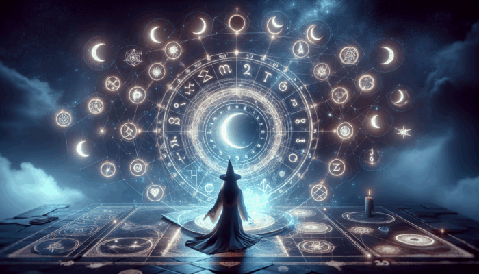 A mystical moon phase calendar with glowing lunar symbols, guiding a witch in planning spells and rituals under a starry night.