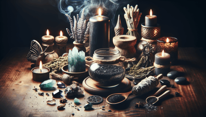 A mystical jar spell setup with black salt, sage, and a lit black candle on a wooden table.