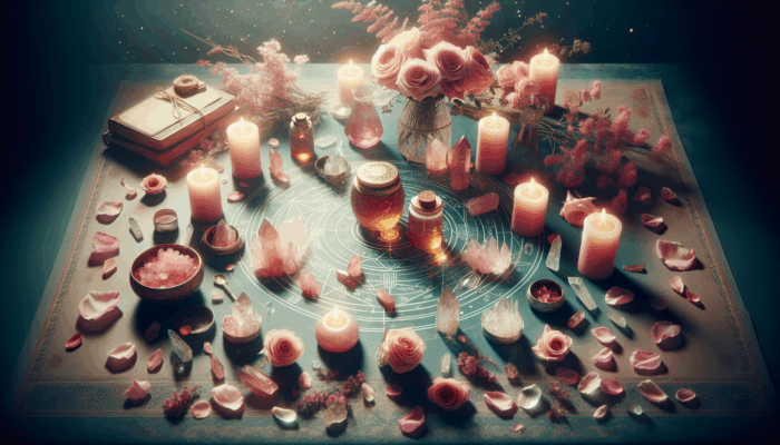 A mystical table with rose petals, honey jars, rose quartz, candles, and ethereal light for a love spell.