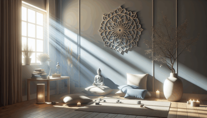 A serene home corner with soft sunlight, calming decor, and a peaceful atmosphere for spiritual focus.