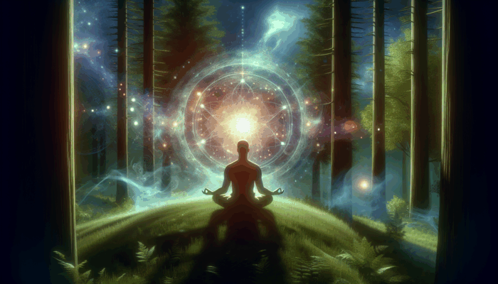 A serene person meditating in a tranquil forest clearing with soft glowing light and ethereal energy.