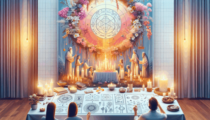 A family at a home altar with candles and seasonal flowers, celebrating a personal ritual.