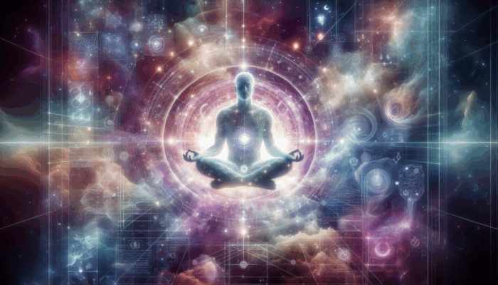 A person meditating with a glowing aura, surrounded by ancient symbols and protective barriers in a vibrant universe.