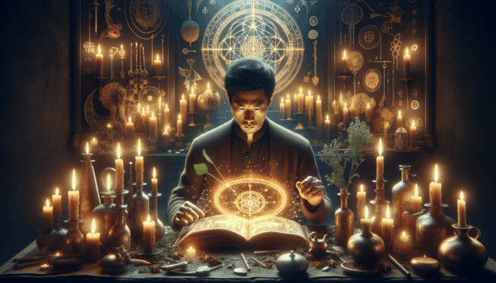 A person casting a protection spell, surrounded by candles, herbs, and arcane symbols in a dimly lit room.