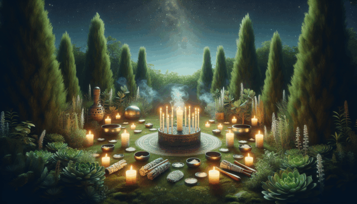 A serene altar in a lush garden at night, with candles, sage, salt, singing bowls, and bells.